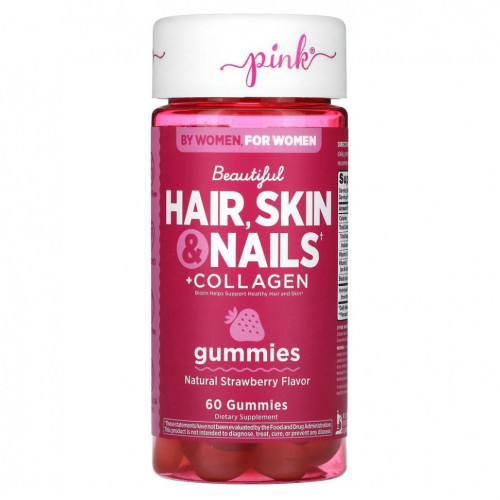 Pink, Beautiful Hair, Skin & Nails + Collagen, натуральная клубника, 60 жевательных таблеток