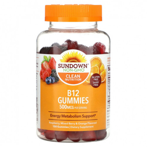 Sundown Naturals, жевательный витамин B12, со вкусом малины, ягод и апельсина, 250 мкг, 150 жевательных таблеток