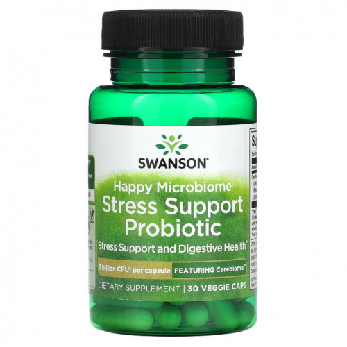 Swanson, Happy Microbiome Stress Support, пробиотик, 3 млрд КОЕ, 30 растительных капсул