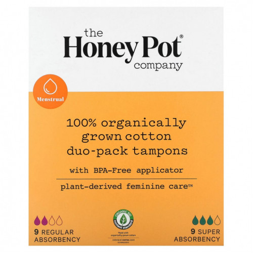 The Honey Pot Company, Двойные тампоны из 100% органического хлопка, обычные и с повышенной впитываемостью, 18 шт.