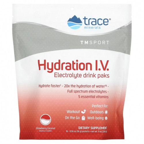 Trace Minerals ®, TM Sport, Hydration IV, электролитные напитки в пакетиках, клубника и кокос, 16 пакетиков по 16 г (0,56 унции)