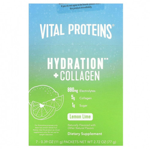 Vital Proteins, Hydration + Collagen, лимон и лайм, 7 пакетиков по 11 г (0,39 унции)