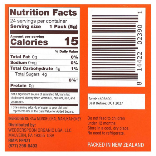 Wedderspoon, Необработанный монофлорный мед манука на ходу, KFactor 16, 24 пакетика, 5 г (0,2 унции)