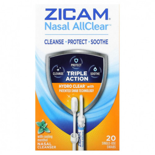 Zicam, Nasal AllClear, очищающее средство для носа с охлаждающим ментолом, 20 тампонов