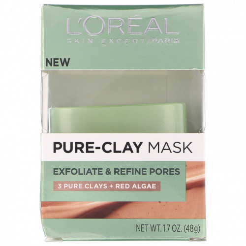 L'Oreal, Pure-Clay, отшелушивающая и сужающая поры маска, 3 натуральные глины + красные водоросли, 48 г (1,7 унции)