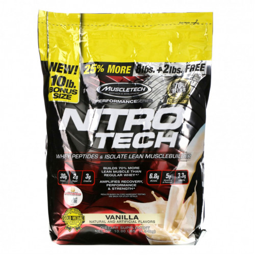 Muscletech, Performance Series, Nitro Tech, сывороточные пептиды и изолят для наращивания мышечной массы, ваниль, 4,54 кг (10 фунтов)