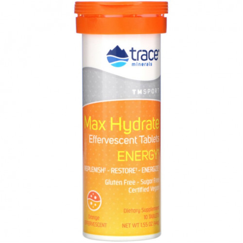 Trace Minerals ®, Max Hydrate Energy, шипучие таблетки, апельсин, 44 г (1,55 унции)