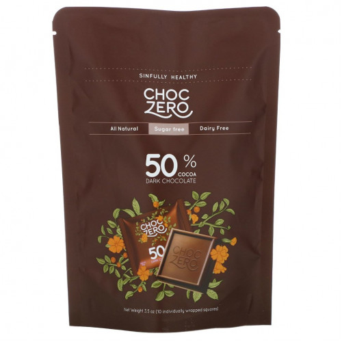 ChocZero, порционный темный шоколад, 50% какао, без сахара, 10 шт., 100 г (3,5 унции)