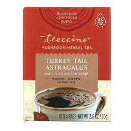 Teeccino, Mushroom Herbal Tea, Turkey Tail Astragalus, 10 Tea Bags, 2.12 oz (60 g)