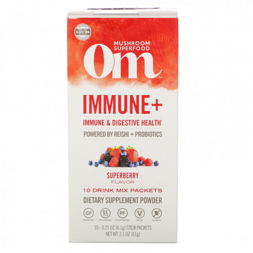 Om Mushrooms, Immune +, для здоровья иммунной и пищеварительной систем, Superberry, 10 пакетиков по 6,1 г (0,21 унции)