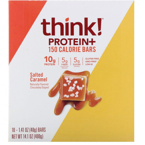 Think !, Батончики Protein + 150 Calorie, соленая карамель, 10 батончиков по 1,41 унции (40 г) каждый