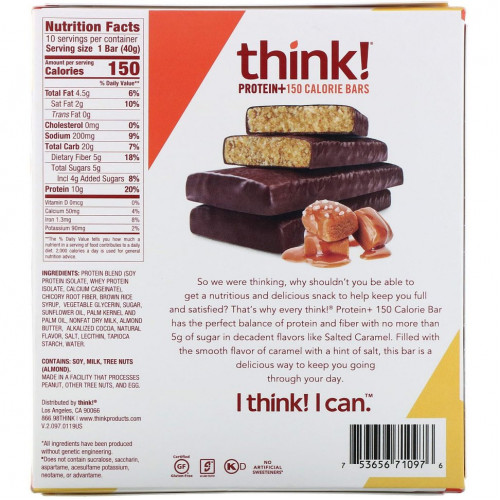 Think !, Батончики Protein + 150 Calorie, соленая карамель, 10 батончиков по 1,41 унции (40 г) каждый