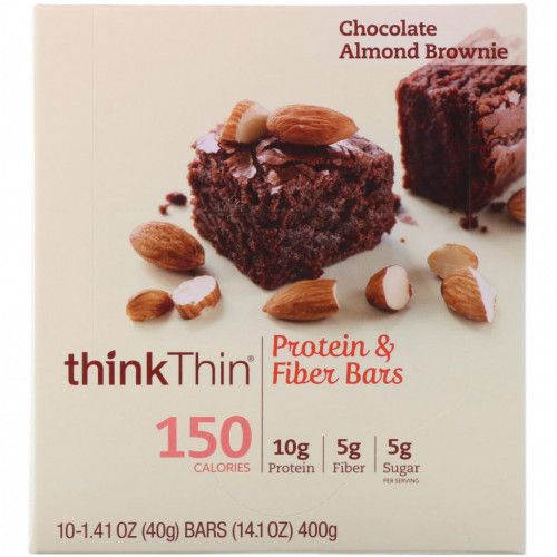 Think !, High Protein Bars, Chocolate Almond Brownie, 10 Bars, 1.41 oz (40g) Each