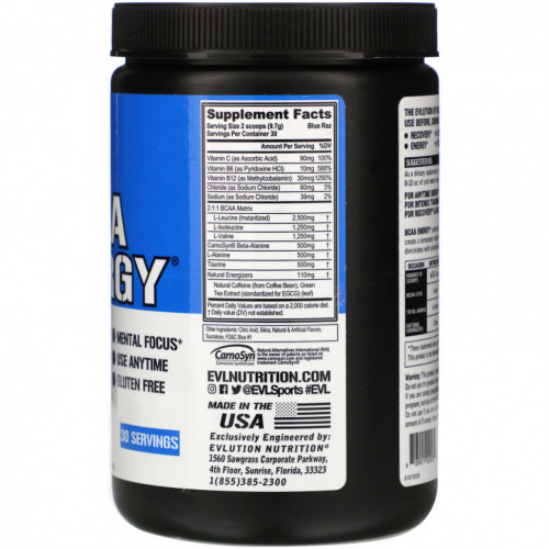 EVLution Nutrition, BCAA ENERGY, голубая малина, 291 г (10,26 унции)