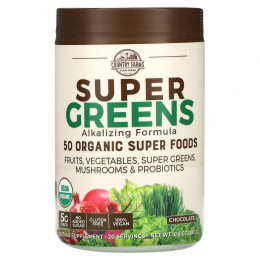 Country Farms, Super Greens, формула с подщелачивающими травами, со вкусом шоколада, 300 г (10,6 унции)