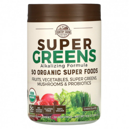 Country Farms, Super Greens, формула с подщелачивающими травами, со вкусом шоколада, 300 г (10,6 унции)