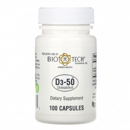 Bio Tech Pharmacal, D3-50, холекальциферол, 100 капсул