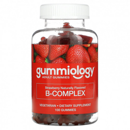 Gummiology, жевательные таблетки с комплексом витаминов B, без желатина, с натуральным клубничным вкусом, 100 вегетарианских жевательных таблеток