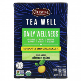 Celestial Seasonings, Herbal Tea, Daily Wellness, органический имбирь и мята, без кофеина, 12 чайных пакетиков, 1,6 г (0,06 унции)