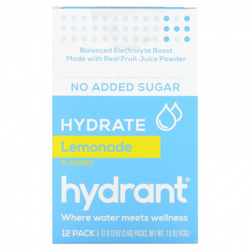 Hydrant, Смесь для напитков с электролитами, лимонад, 12 пакетиков по 3,6 г (0,13 унции)
