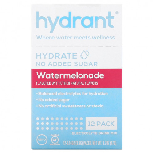 Hydrant, Смесь для напитков с электролитами, арбуз, 12 пакетиков по 3,9 г (0,14 унции)