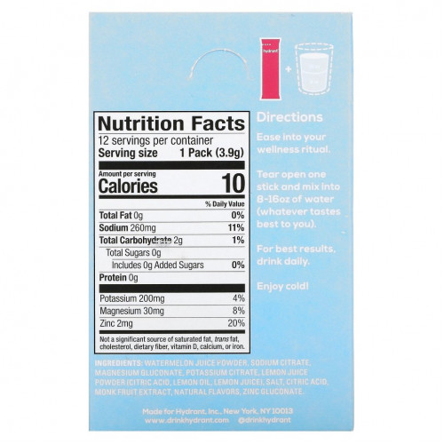 Hydrant, Смесь для напитков с электролитами, арбуз, 12 пакетиков по 3,9 г (0,14 унции)