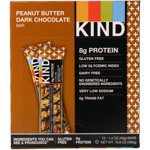 KIND Bars, Kind Plus, батончик из темного шоколада с арахисовой пастой, 12 батончиков по 40 г (1,4 унции)