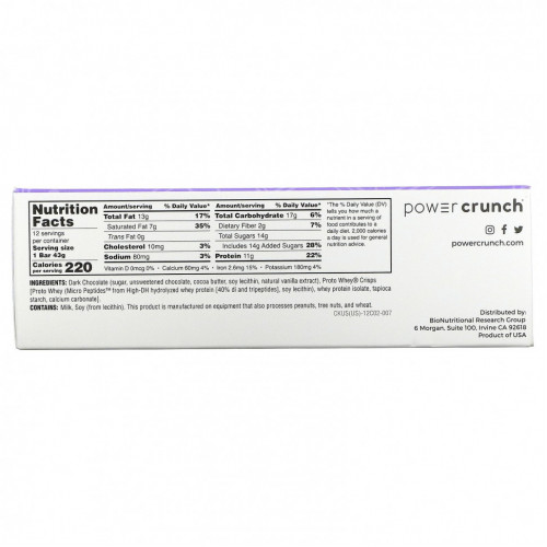 BNRG, Power Crunch Protein Crisp Bar, Choklat, Dark Chocolate, 12 Bars, 1.54 oz (43 g) Each