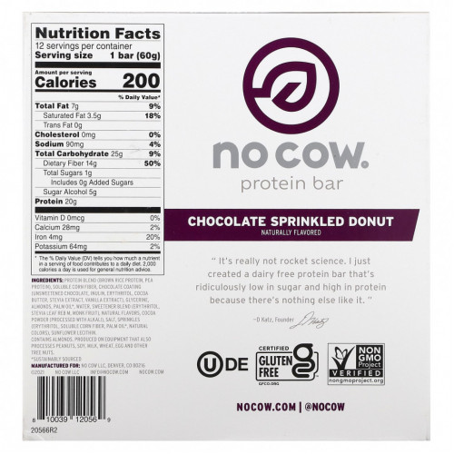 No Cow, Протеиновый батончик, пончик в шоколаде, 12 батончиков по 60 г (2,12 унции)