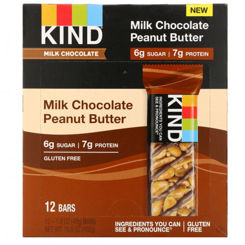 KIND Bars, Milk Chocolate, арахисовая паста, 12 батончиков по 40 г (1,4 унции)