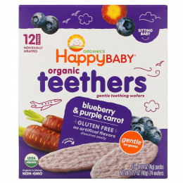 Happy Family Organics, Organic Teethers, вафли для мягкого прорезывания зубов у сидящих малышей, голубика и фиолетовая морковь, 12 пакетиков по 4 г (0,14 унции)