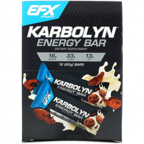 EFX Sports, Karbolyn Energy Bar, печенье и сливки, 12 батончиков, 2,12 (60 г) каждый