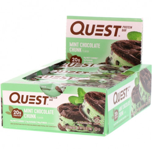 Quest Nutrition, Белковый батончик, вкус кусочков мятного шоколада, 12 батончиков, 2,12 унции (60 г) каждый