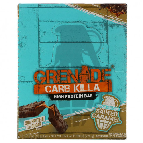 Grenade, Carb Killa, высокопротеиновые батончики, соленая карамель, 12 батончиков, 60 г (2,12 унции) каждый