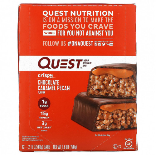 Quest Nutrition, Hero Protein Bar, хрустящий шоколад с карамелью и пеканом, 12 батончиков, 60 г (2,12 унции)