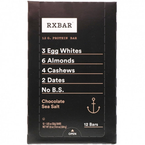 RXBAR, Protein Bar, шоколадная морская соль, 12 батончиков, 52 г (1,83 унции)