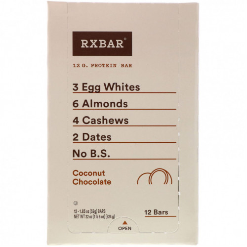 RXBAR, Протеиновый батончик, кокосовый шоколад, 12 батончиков, 52 г (1,83 унции)