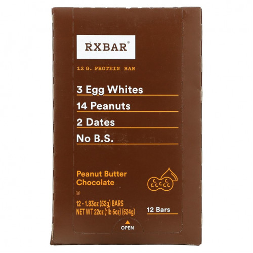 RXBAR, Protein Bar, шоколад с арахисовой пастой, 12 батончиков, 52 г (1,83 унции)