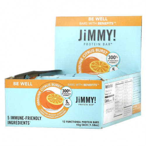 JiMMY!, Be Well Bars With Benefits, Immune Citrus Burst, 12 протеиновых батончиков, 45 г (1,58 унции)