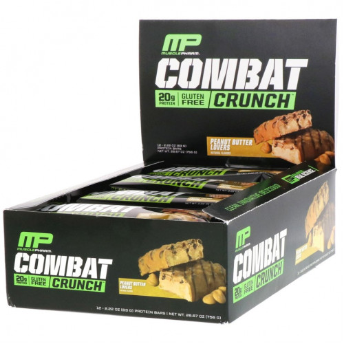 MusclePharm, Combat Crunch, с арахисовым маслом, 12 батончиков, по 2,22 унции (63 г) каждый