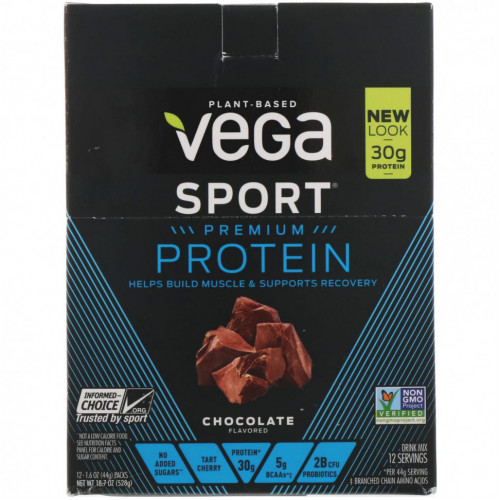 Vega, Sport Protein, протеин, шоколадный вкус, 12 пакетиков, 44 г (1,6 унции) каждый