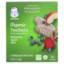 Gerber, Organic Teethers, вафли для мягкого прорезывания зубов, для малышей от 7 месяцев, черника, яблоко и свекла, 12 пакетиков по 2 вафли в каждом