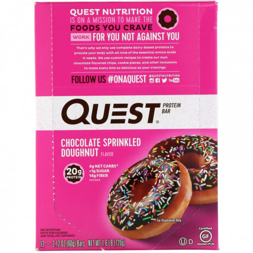 Quest Nutrition, Протеиновый батончик, донат с шоколадной глазурью и посыпкой, 12 батончиков, 60 г (2,12 унции) каждый