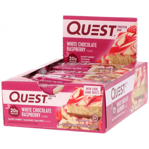 Quest Nutrition, Белковый батончик Quest, белый шоколад с малиной, 12 батончиков, 2,12 унц. (60 г) каждый