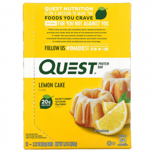 Quest Nutrition, Протеиновый батончик, Лимонный торт, 12 батончиков по 2,12 унции (60 г) каждый