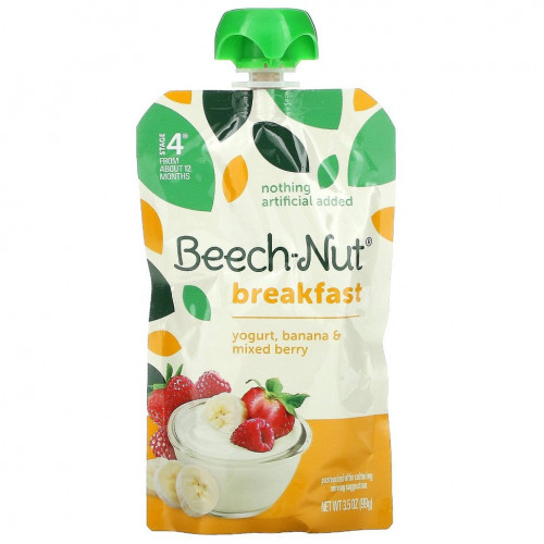 Beech-Nut, Breakfast, Stage 4, йогурт, банан и ягодное ассорти, 12 пакетиков, 99 г (3,5 унции)