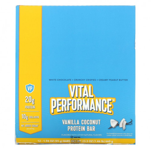 Vital Proteins, Vital Performance Protein Bar, Vanilla Coconut , 12 Bars, 1.94 oz (55 g) Each