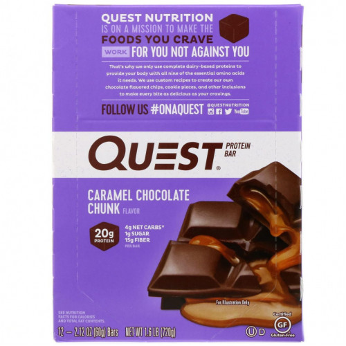 Quest Nutrition, Протеиновый батончик, шоколад с карамелью, 12 батончиков, 60 г (2,12 унции) каждый