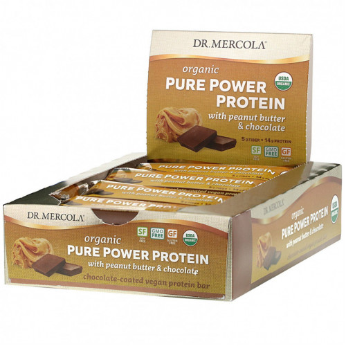 Dr. Mercola, Organic Pure Power Protein Bar, арахисовая паста и шоколад, 12 батончиков, 52 г (1,83 унции)