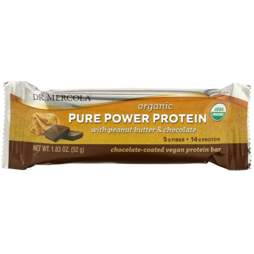 Dr. Mercola, Organic Pure Power Protein Bar, арахисовая паста и шоколад, 12 батончиков, 52 г (1,83 унции)